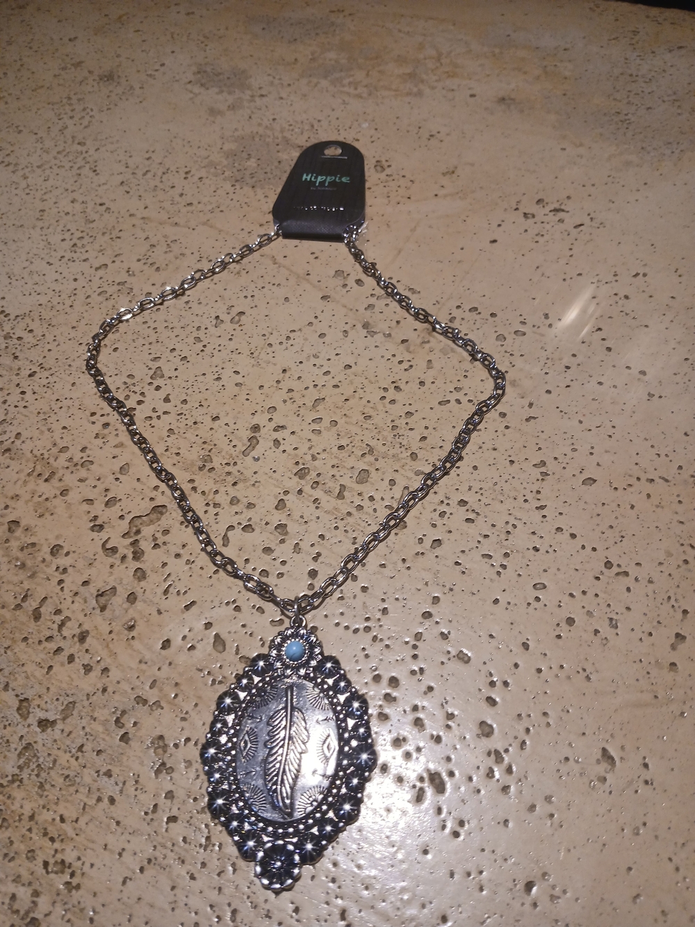 Hippie Silver-Tone Feather Pendant Necklace with Turquoise Accent